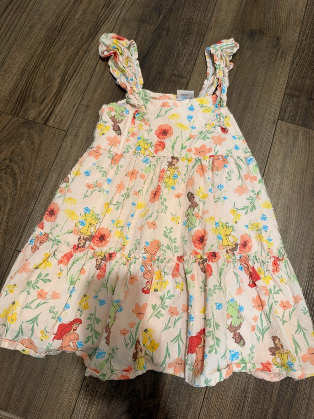 Disney Cream Floral Tiered Dress with Colorful Character Prints
